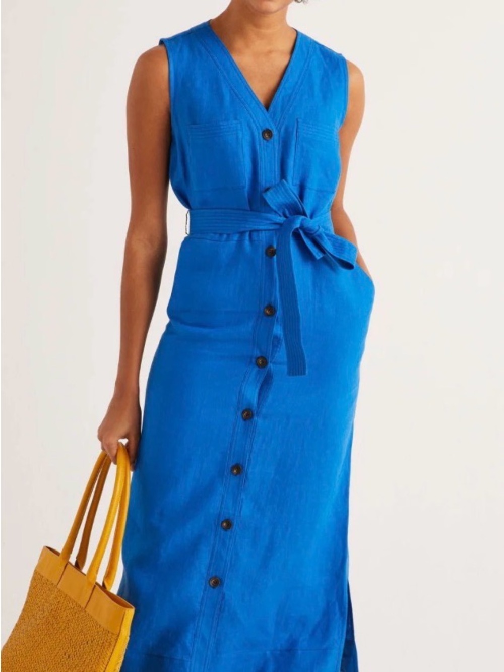Boden Catriona Linen Dress - Sleeveless Blue Button-Front Belted Maxi Dress